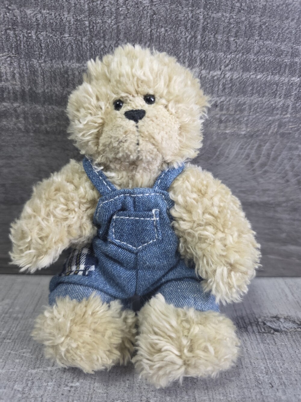 Russ Berrie Soft Plush Bear Denim Overalls Patch Cobby Teddy Stuffed Animal b81
